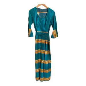 California Vintage Half Sleeve Belted Maxi Dress Evening Gown Teal Green Gold Striped S UK Size 8