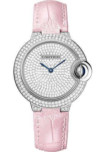 Cartier Ballon Bleu de Cartier Watch - 33 mm White Gold Diamond Case - Diamond Paved Dial - Pearly Pink Alligator Strap - WE902047