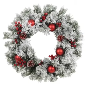 Christmas Wreath Pre-Lit Red Baubles Snow Frosted 60cm (2ft)