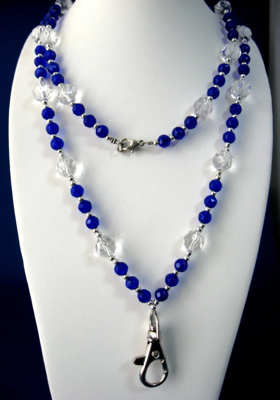 Cobalt Blue And Clear Glass Bead Lanyard Faceted 40 Inches Long Travel Office