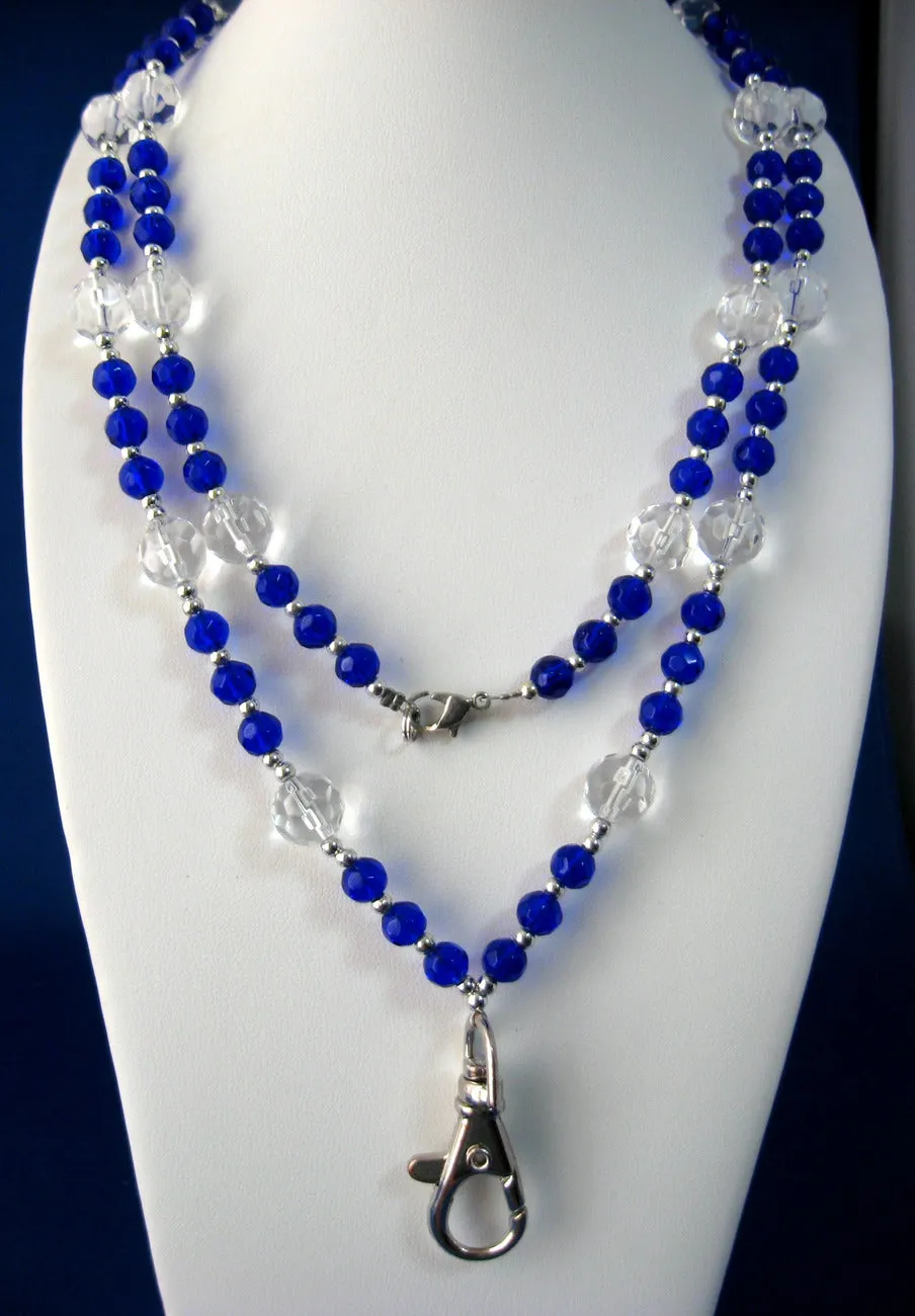 Cobalt Blue And Clear Glass Bead Lanyard Faceted 40 Inches Long Travel Office