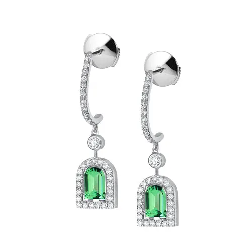 Couleur Sculptural Pendant Earring GM, 18k White Gold with DAVIDOR Arch Cut Green Tourmaline and Brilliant Diamonds