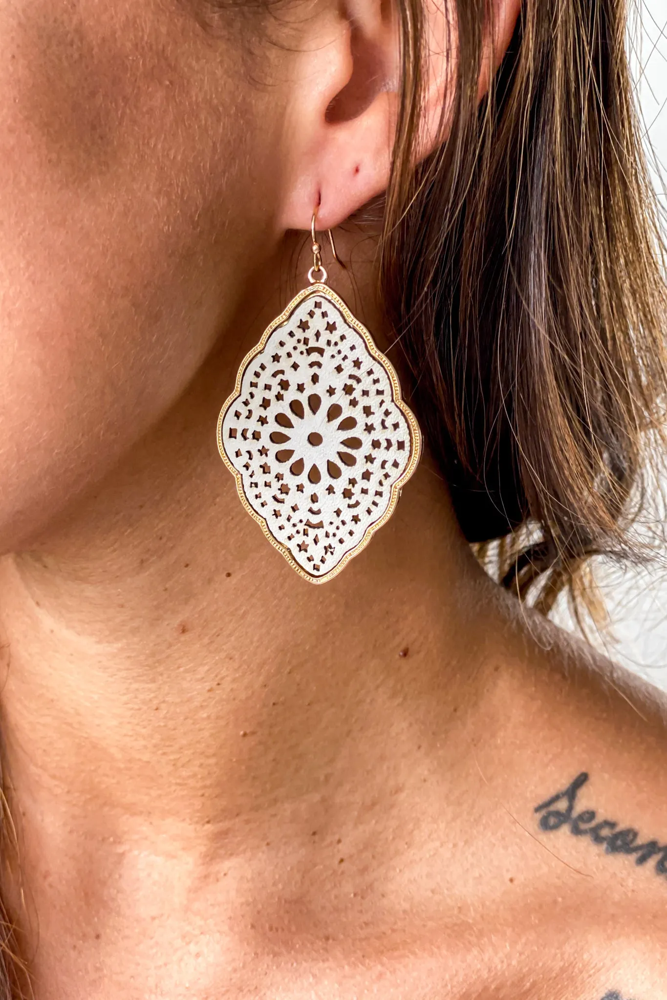 Cream Cutout Faux Leather Earrings