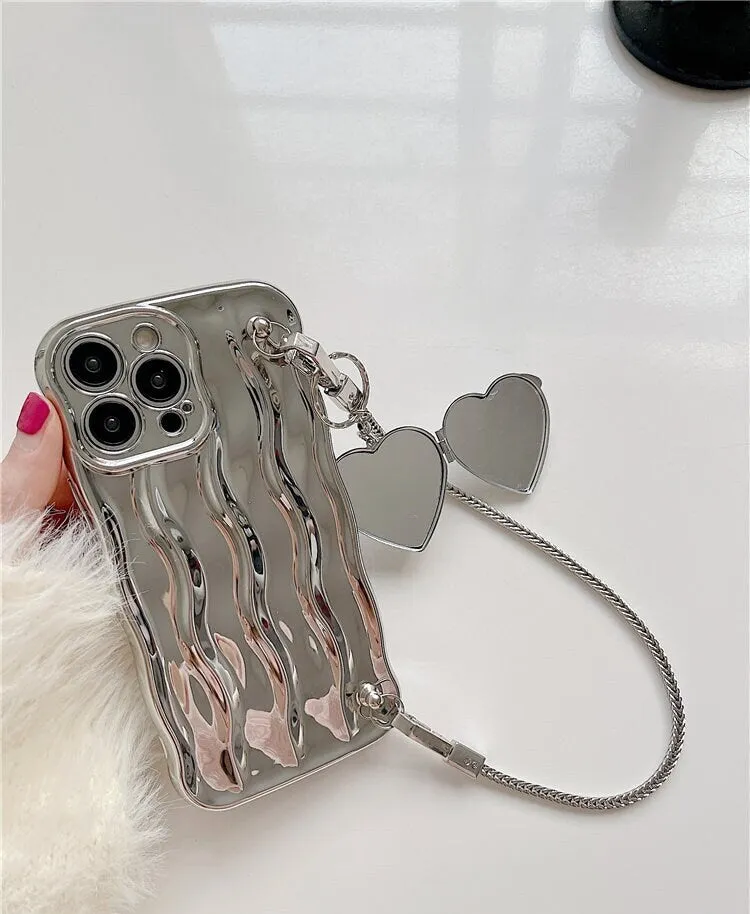 Cute Electroplated Silver 3D Waves Design   Silver Heart Shape Mirror Chain Strap Protective iPhone Case for iPhone 11 12 13 14 Pro Max Case