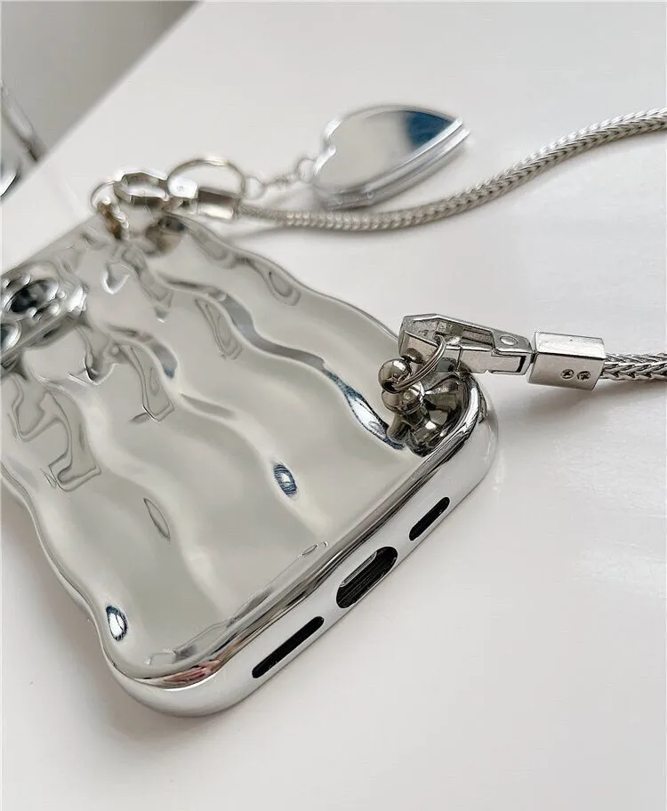 Cute Electroplated Silver 3D Waves Design   Silver Heart Shape Mirror Chain Strap Protective iPhone Case for iPhone 11 12 13 14 Pro Max Case