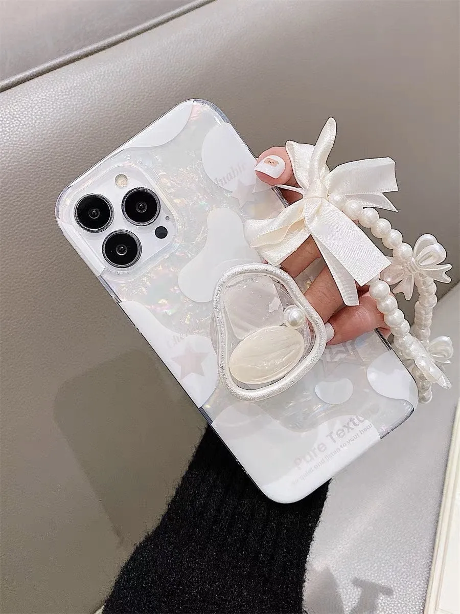 Cute Holographic Milk White Fairy Shell Pattern Design with Stand & Pearl Strap Protective Phone Case for iPhone 11 12 13 14 15 Pro Max Case