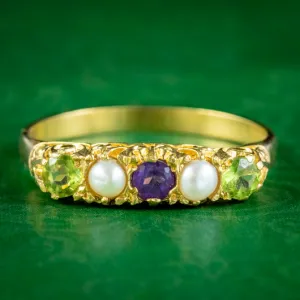 Edwardian Suffragette Style Carved Half Hoop Ring Amethyst Peridot Pearl