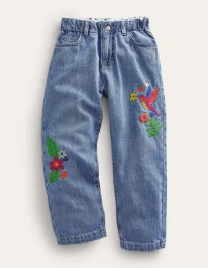 Embroidered Barrel Leg Jeans-Light Wash Embroidered Denim