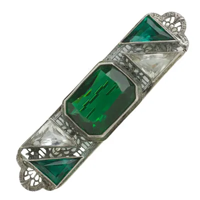 Emerald, Crystal & Sterling Filigree Brooch by Ostby & Barton