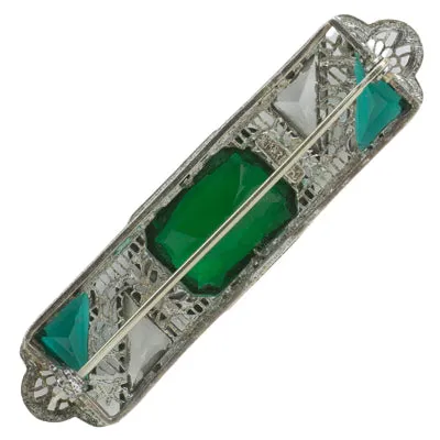 Emerald, Crystal & Sterling Filigree Brooch by Ostby & Barton