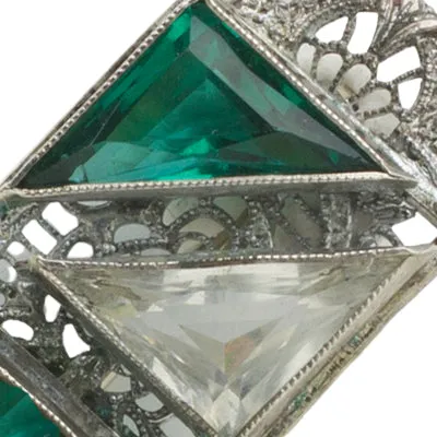 Emerald, Crystal & Sterling Filigree Brooch by Ostby & Barton