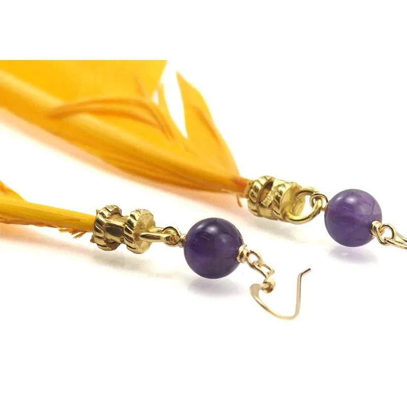 Feather Earrings with Amethyst Beads