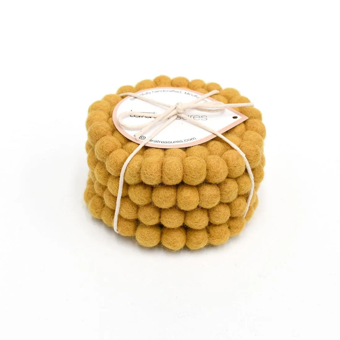 Felt Ball Cup Coasters - Mustard Yellow Bundle of 4