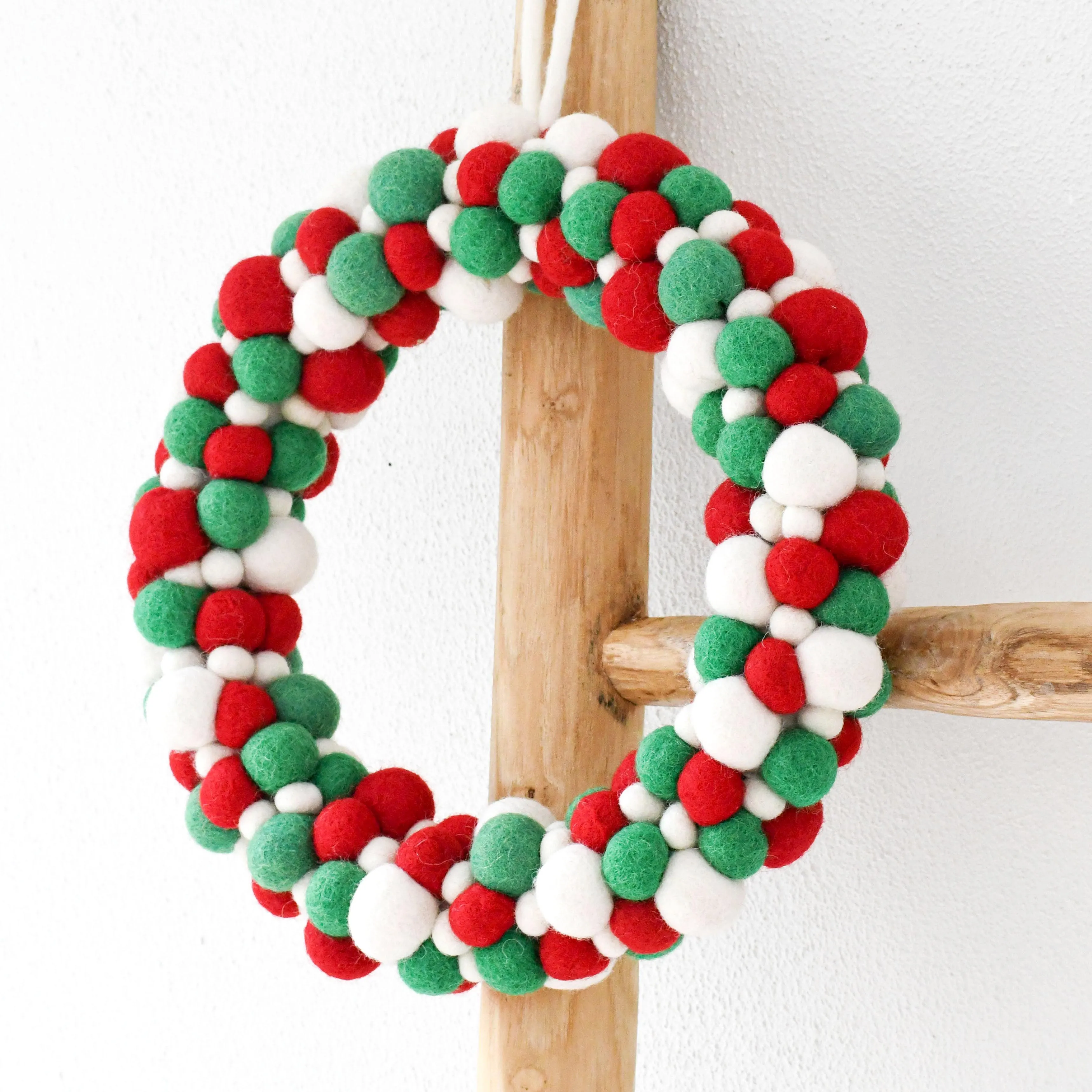 Felt Ball Wreath - Green, White and Red