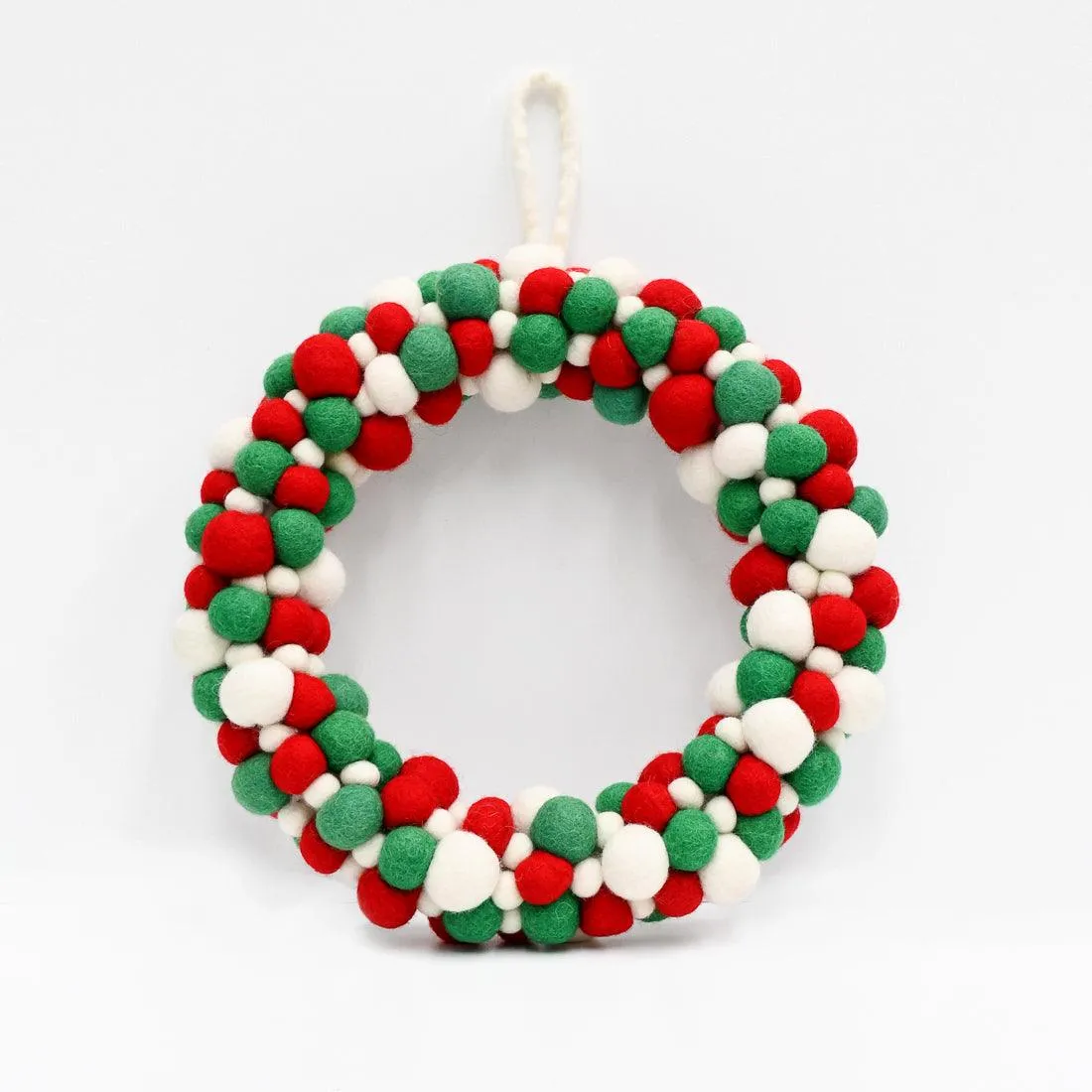 Felt Ball Wreath - Green, White and Red