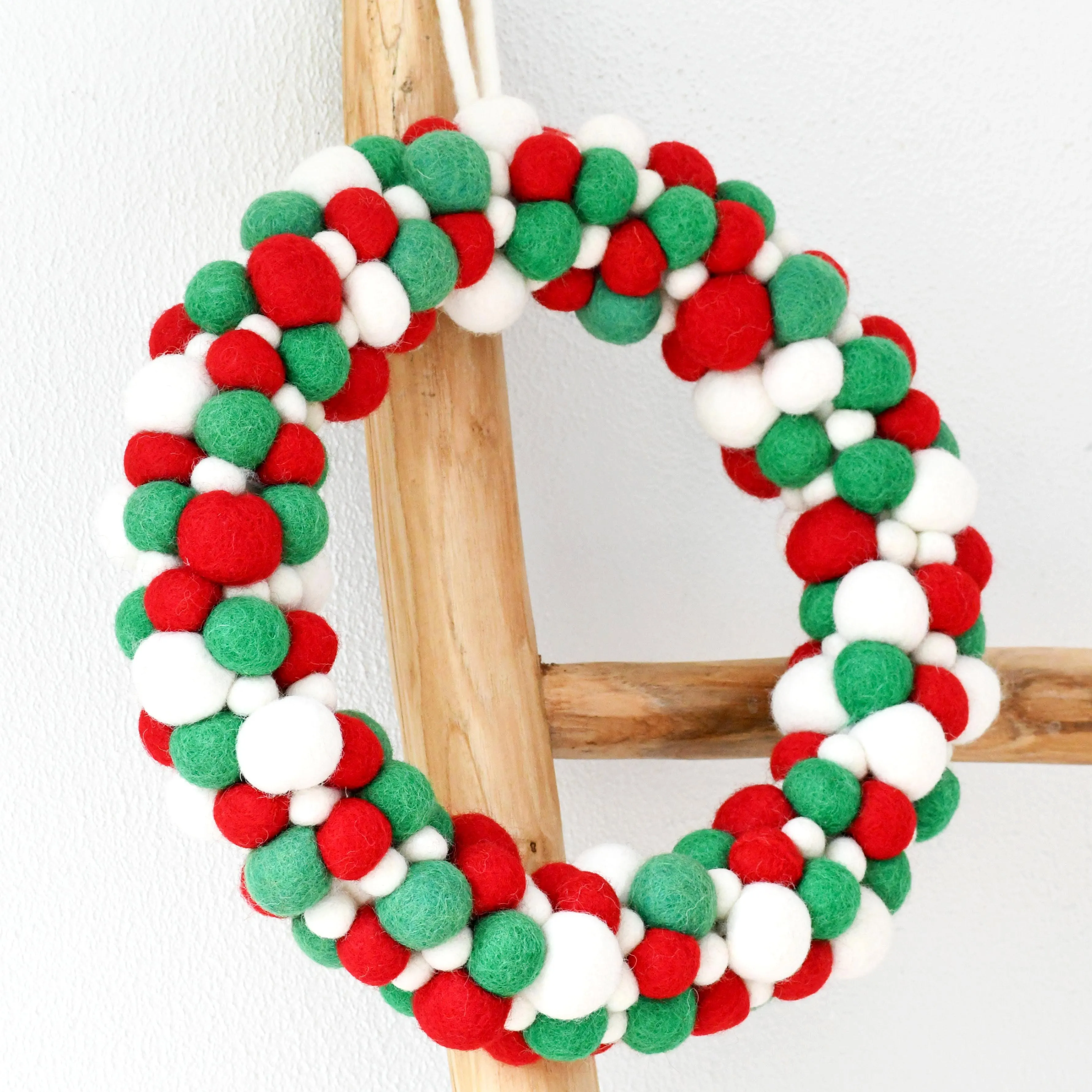 Felt Ball Wreath - Green, White and Red