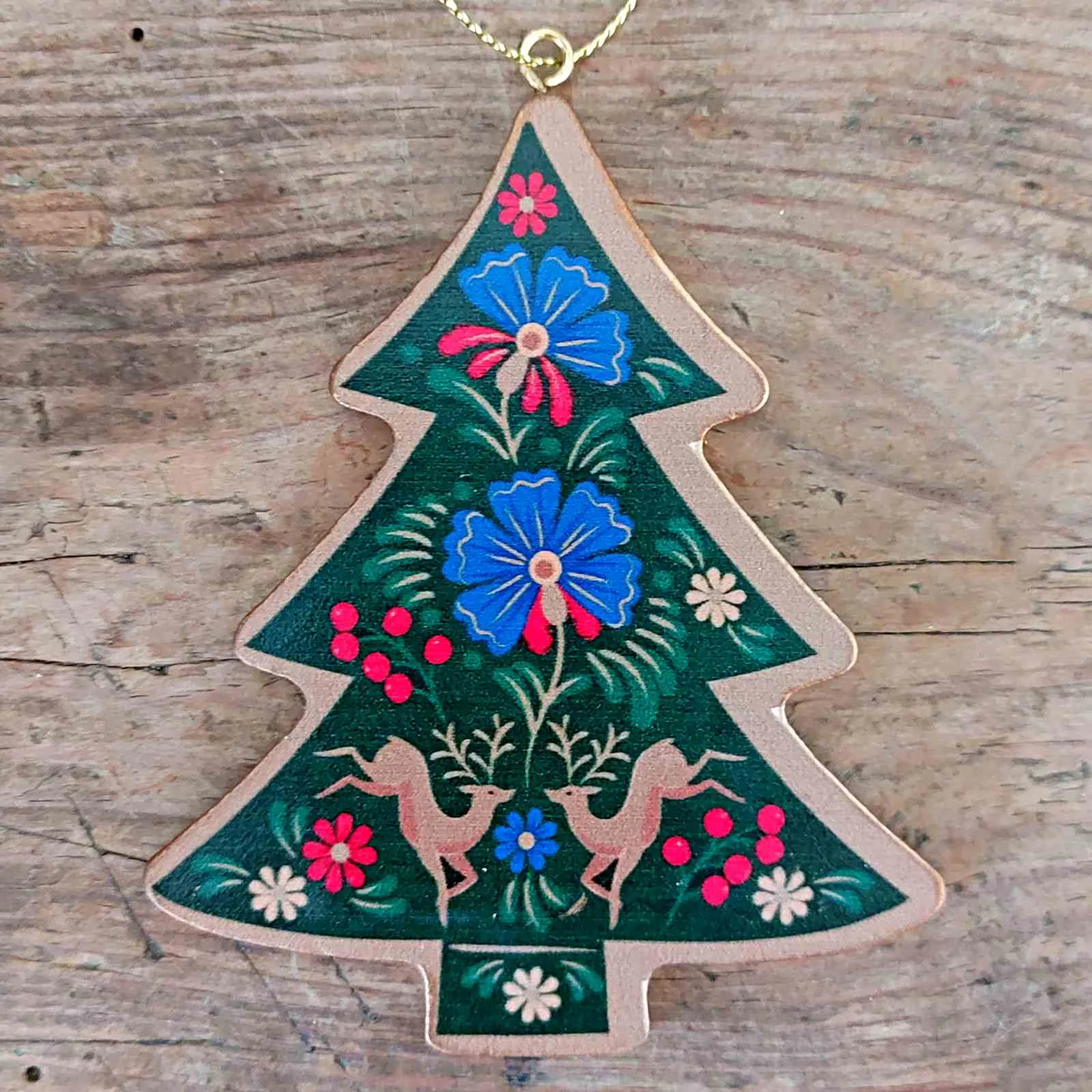 Floral Folk Wooden Christmas Tree Decoration