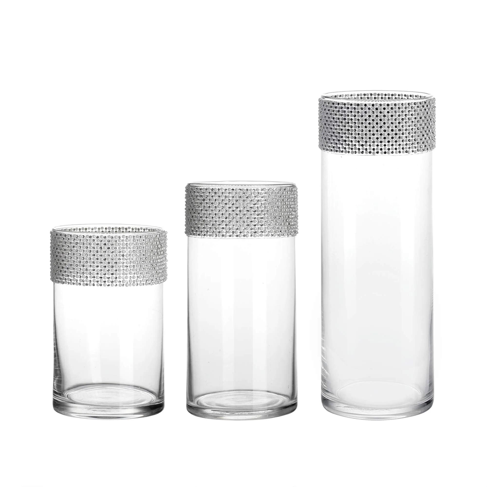 Glass Cylinder Vases with Sparkling Rhinestone Set of 3 Decorative Centerpieces for Home