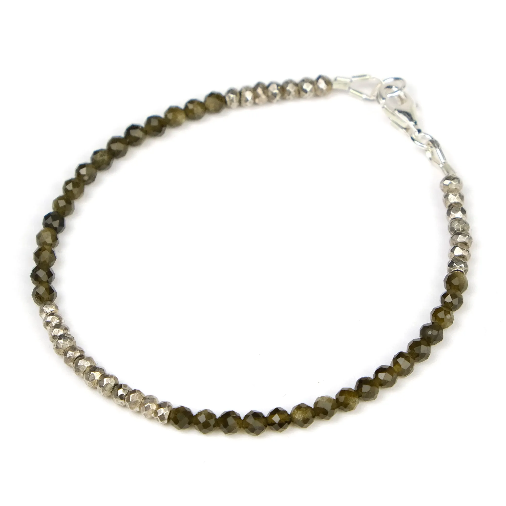 Golden Obsidian 3mm Faceted Round and Pyrite Bracelet with Sterling Silver Trigger Clasp