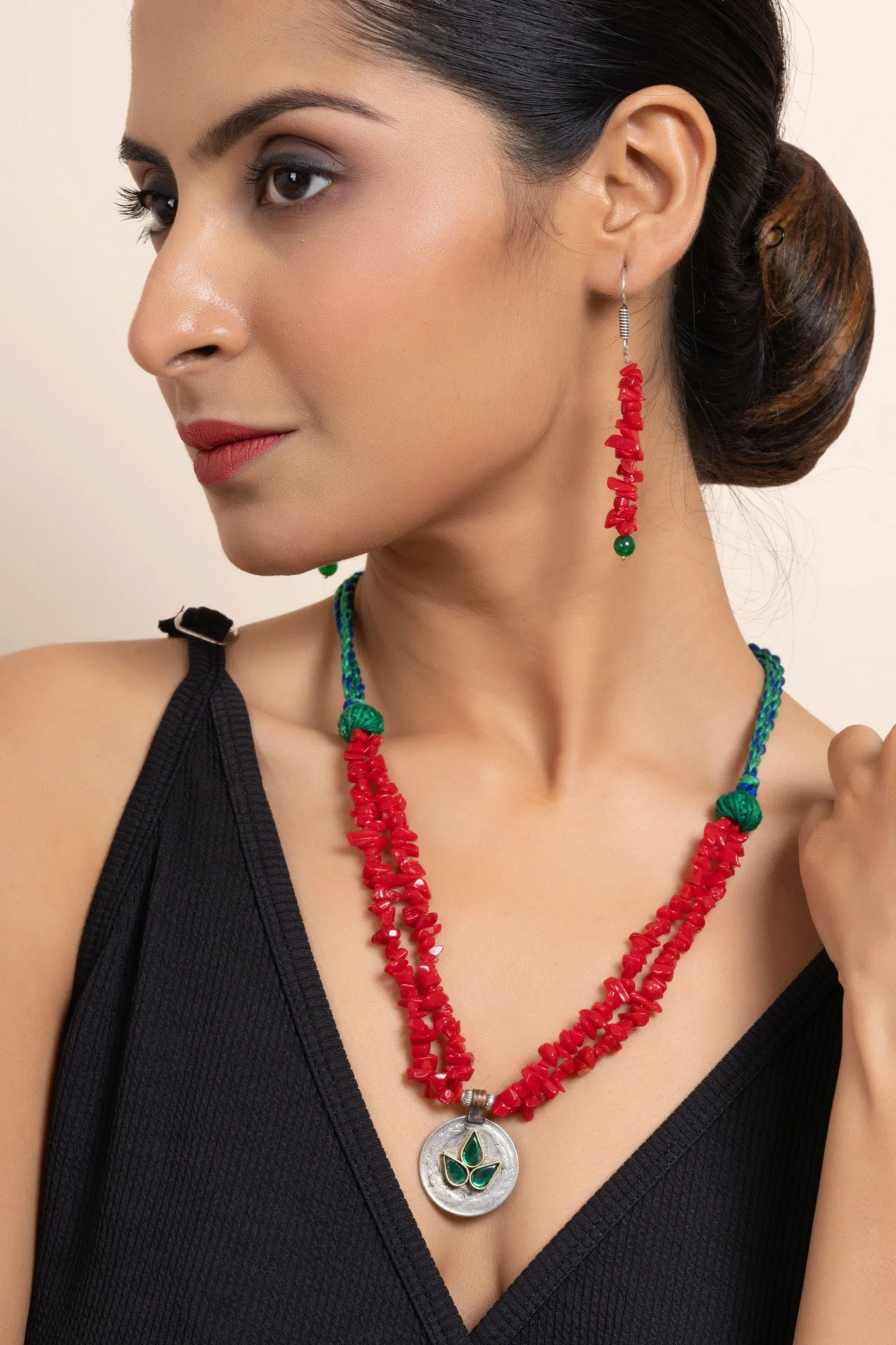 Handmade Afghan Pendant with Red Stone Chips Necklace Set & Matching Earrings for Women