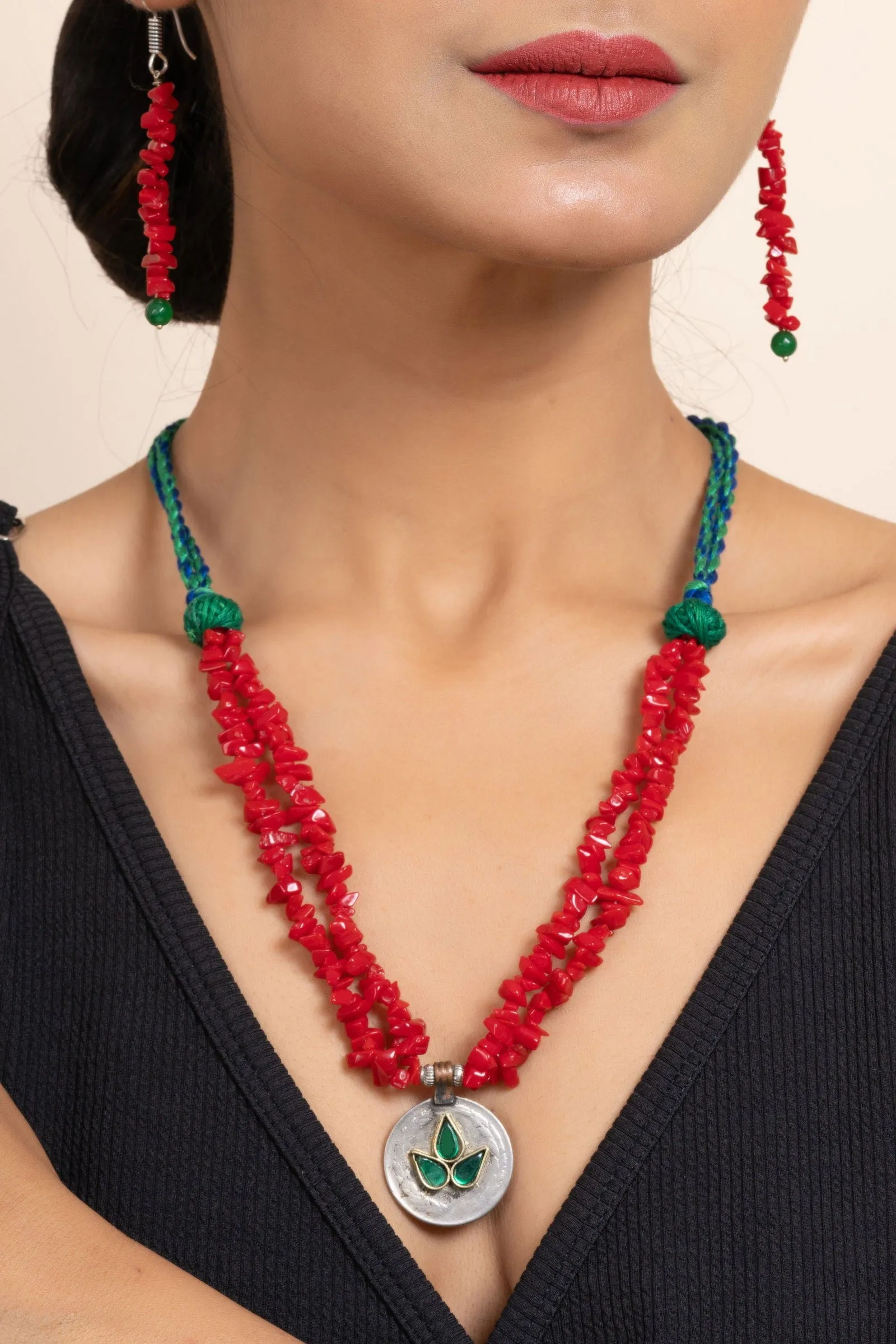 Handmade Afghan Pendant with Red Stone Chips Necklace Set & Matching Earrings for Women