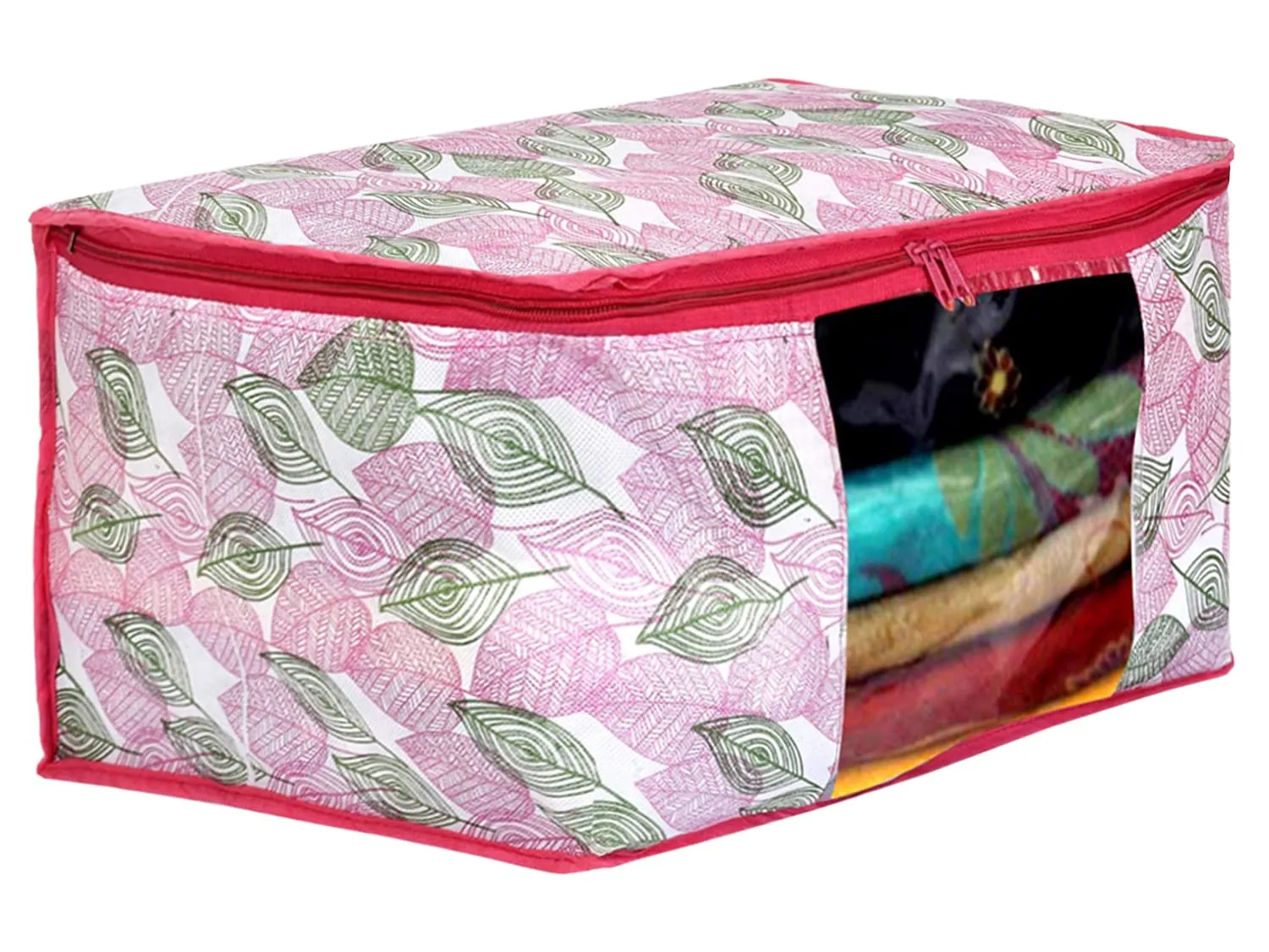 Heart Home Leaf Design Non-woven Sarees, Clothes Cover/Organizer With Transparent Window- Pack of 9 (Pink)-44HH0366