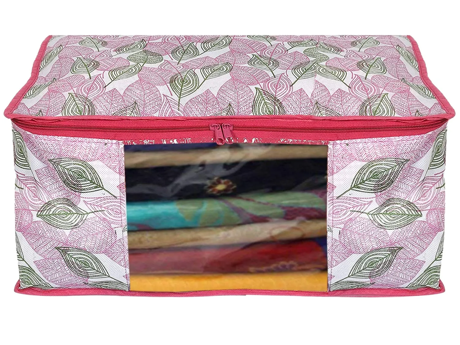 Heart Home Leaf Design Non-woven Sarees, Clothes Cover/Organizer With Transparent Window- Pack of 9 (Pink)-44HH0366