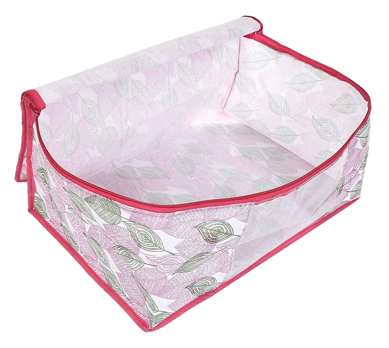 Heart Home Leaf Design Non-woven Sarees, Clothes Cover/Organizer With Transparent Window- Pack of 9 (Pink)-44HH0366