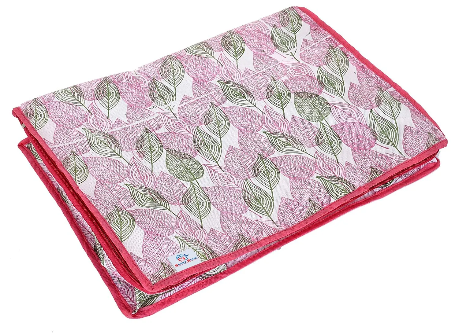 Heart Home Leaf Design Non-woven Sarees, Clothes Cover/Organizer With Transparent Window- Pack of 9 (Pink)-44HH0366