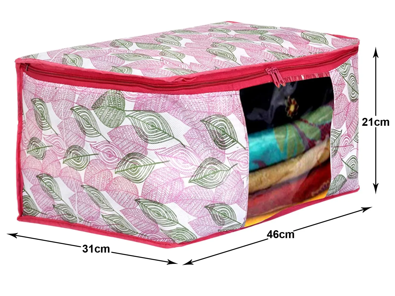 Heart Home Leaf Design Non-woven Sarees, Clothes Cover/Organizer With Transparent Window- Pack of 9 (Pink)-44HH0366