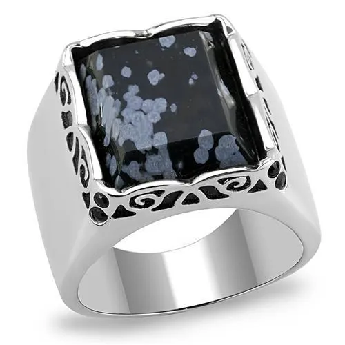 High polished (no plating) Stainless Steel Ring with Semi-Precious Snowflake Obsidian in Jet for Women Style TK3230