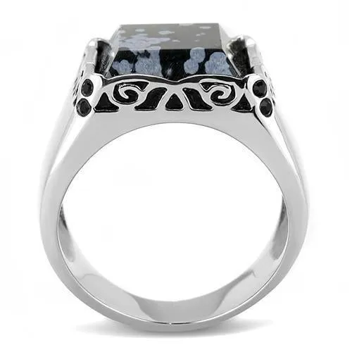 High polished (no plating) Stainless Steel Ring with Semi-Precious Snowflake Obsidian in Jet for Women Style TK3230