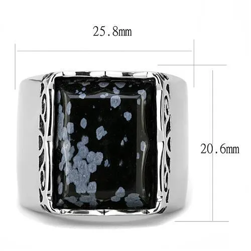 High polished (no plating) Stainless Steel Ring with Semi-Precious Snowflake Obsidian in Jet for Women Style TK3230