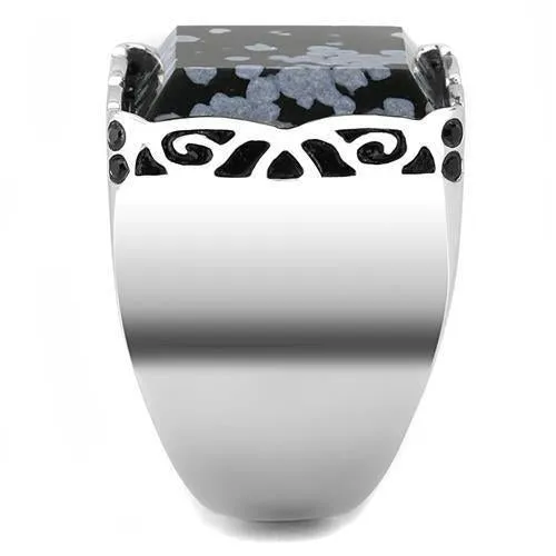 High polished (no plating) Stainless Steel Ring with Semi-Precious Snowflake Obsidian in Jet for Women Style TK3230