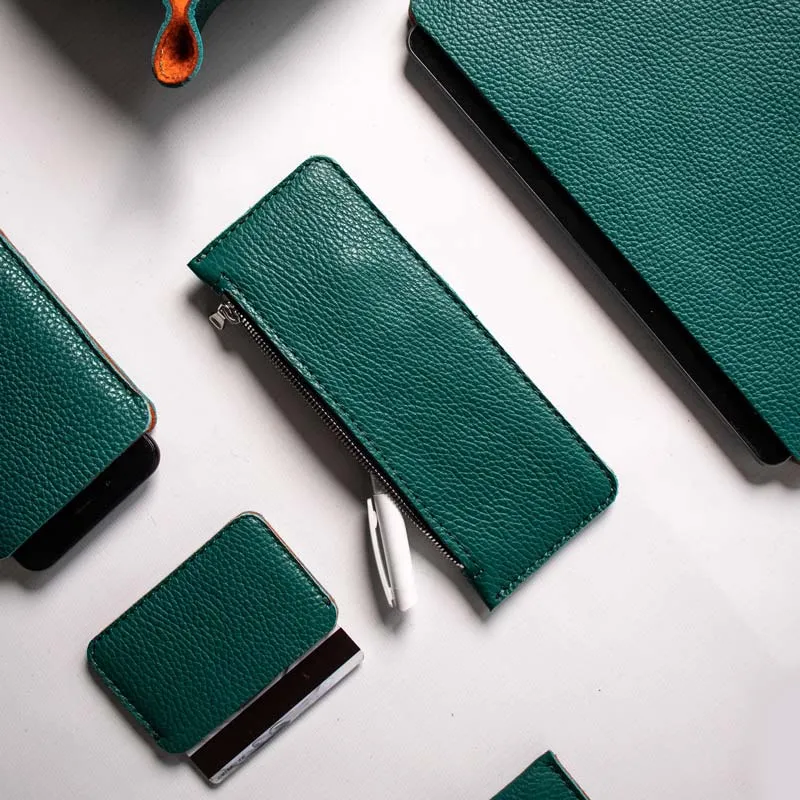 Leather Pencil Case - Avocado Green and Orange