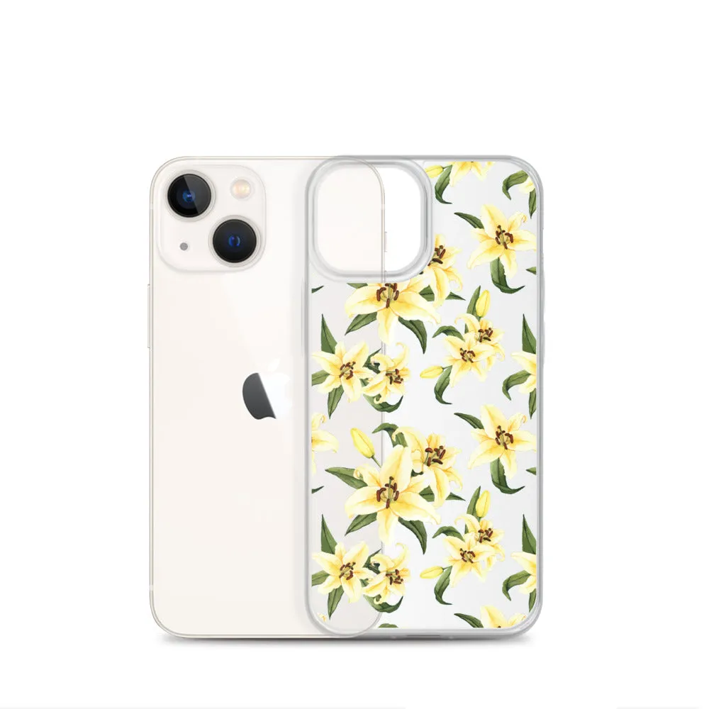 Lily Floral Clear iPhone 16 15 14 13 12 Pro Max Case, Yellow Flower Pattern Transparent Print Cute iPhone 11 Mini SE XS XR X 7 8 Cell Phone