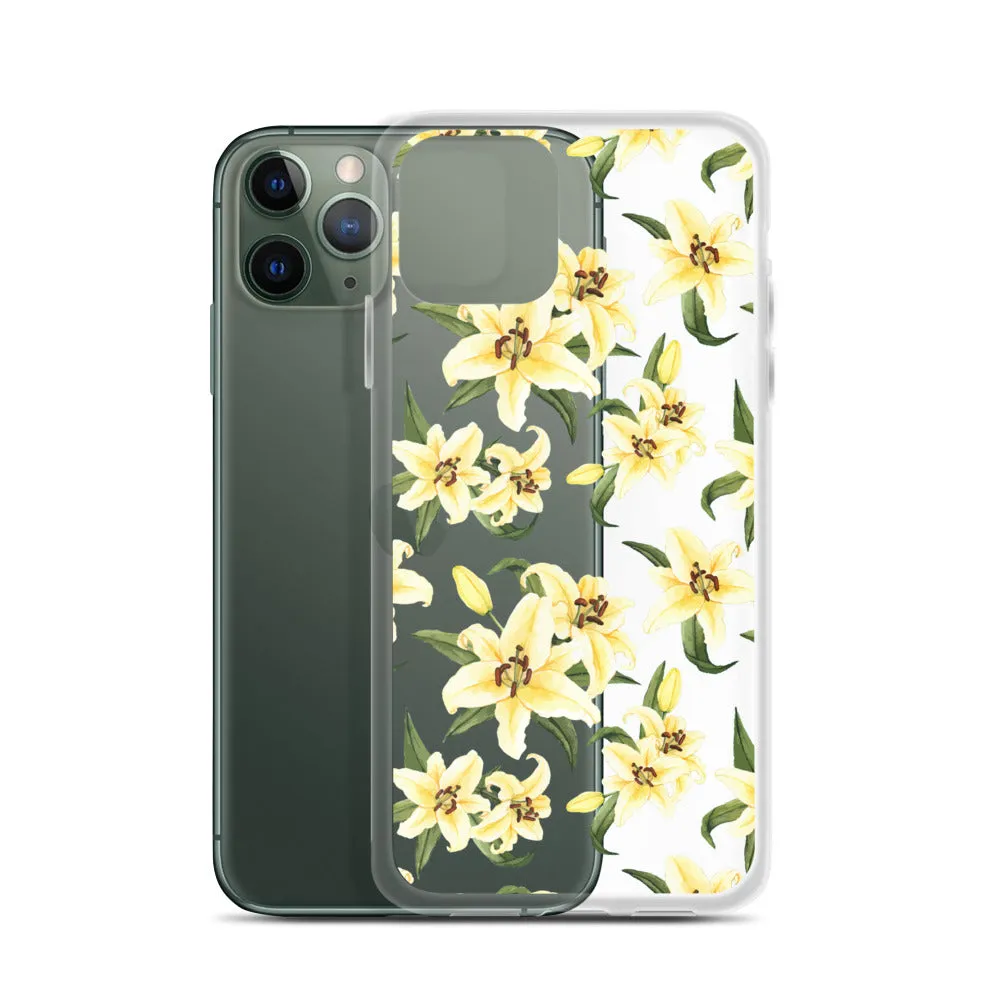 Lily Floral Clear iPhone 16 15 14 13 12 Pro Max Case, Yellow Flower Pattern Transparent Print Cute iPhone 11 Mini SE XS XR X 7 8 Cell Phone