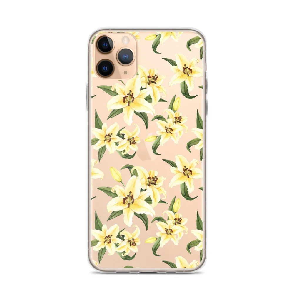 Lily Floral Clear iPhone 16 15 14 13 12 Pro Max Case, Yellow Flower Pattern Transparent Print Cute iPhone 11 Mini SE XS XR X 7 8 Cell Phone