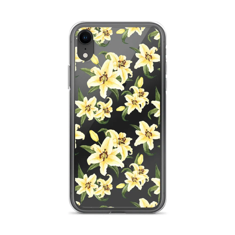 Lily Floral Clear iPhone 16 15 14 13 12 Pro Max Case, Yellow Flower Pattern Transparent Print Cute iPhone 11 Mini SE XS XR X 7 8 Cell Phone