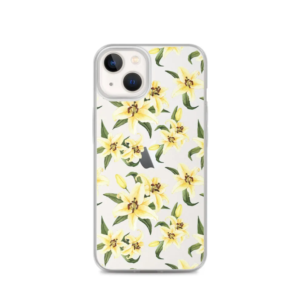 Lily Floral Clear iPhone 16 15 14 13 12 Pro Max Case, Yellow Flower Pattern Transparent Print Cute iPhone 11 Mini SE XS XR X 7 8 Cell Phone