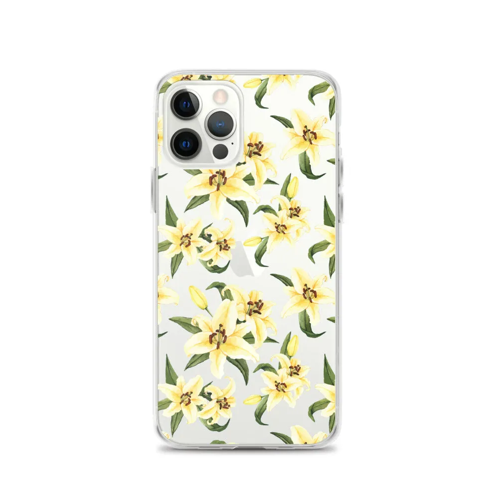 Lily Floral Clear iPhone 16 15 14 13 12 Pro Max Case, Yellow Flower Pattern Transparent Print Cute iPhone 11 Mini SE XS XR X 7 8 Cell Phone