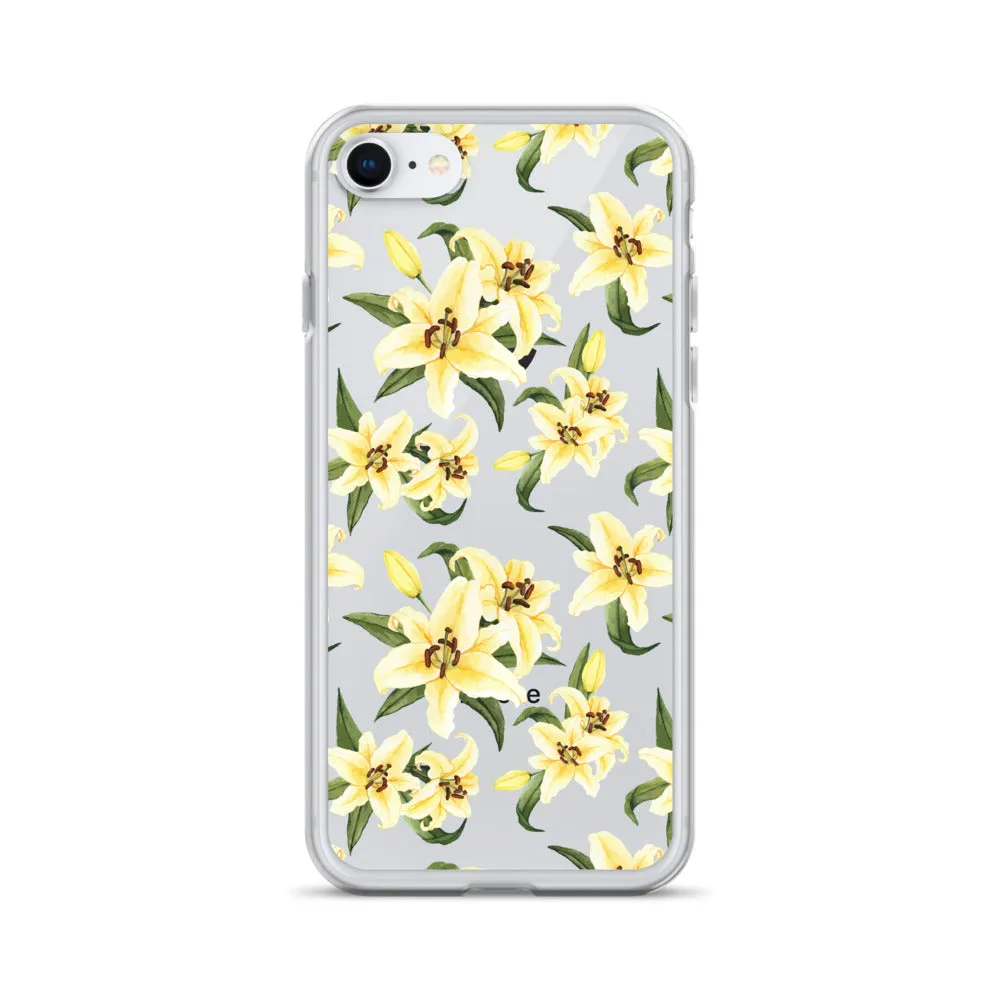 Lily Floral Clear iPhone 16 15 14 13 12 Pro Max Case, Yellow Flower Pattern Transparent Print Cute iPhone 11 Mini SE XS XR X 7 8 Cell Phone