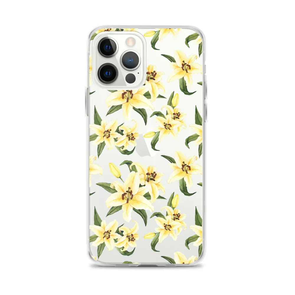 Lily Floral Clear iPhone 16 15 14 13 12 Pro Max Case, Yellow Flower Pattern Transparent Print Cute iPhone 11 Mini SE XS XR X 7 8 Cell Phone