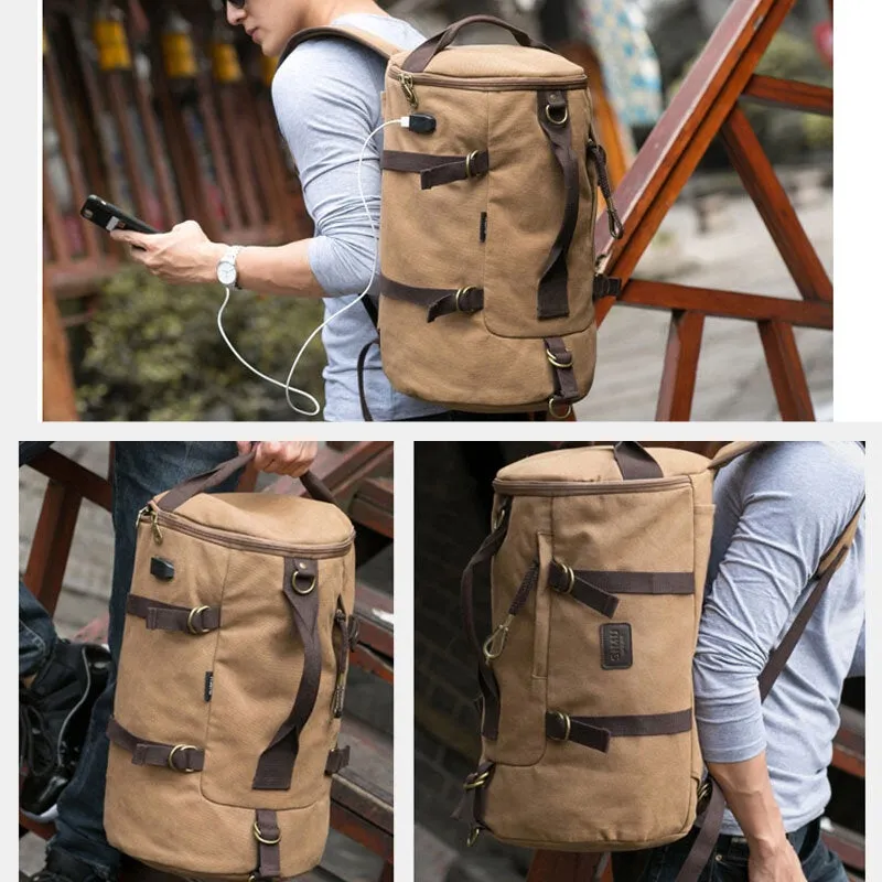 Men Canvas Travel Backpack Multi-function With USB Charging Handbag Shoulder Bag Cross Body