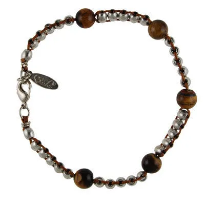 Mens Double Silver Faceted Bead Mens Bracelet on Rust Leather