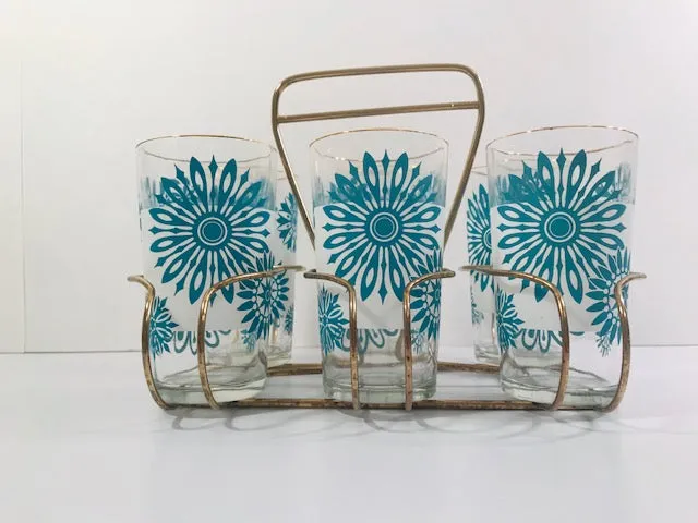 Mid-Century Atomic Turquoise Flower and Frosted White 7-Piece Cocktail Set