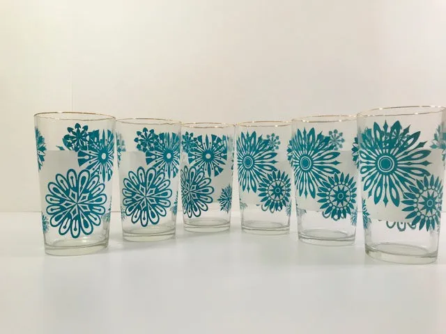 Mid-Century Atomic Turquoise Flower and Frosted White 7-Piece Cocktail Set