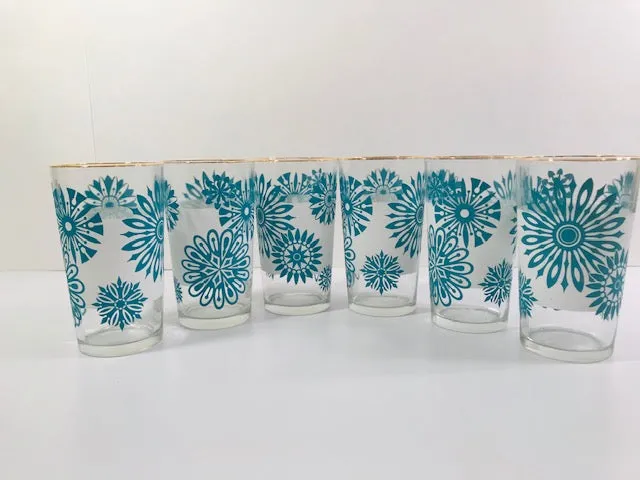 Mid-Century Atomic Turquoise Flower and Frosted White 7-Piece Cocktail Set