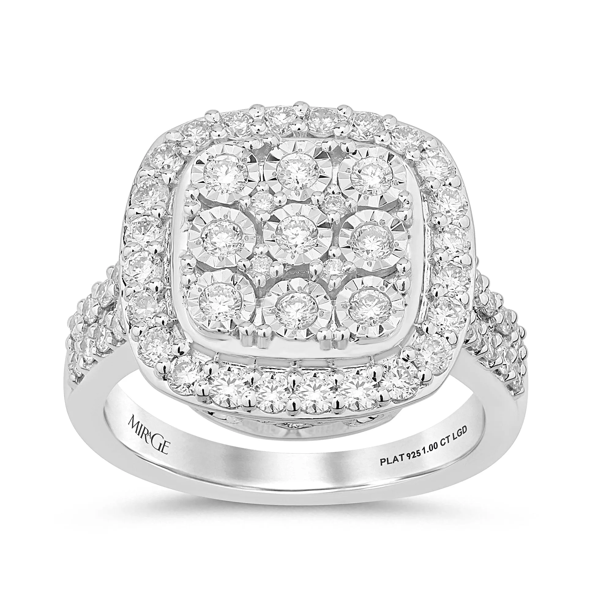 Mirage Halo Cushion Shaped Ring With 1.00ct of Laboratory Grown Diamonds in Sterling Silver and Platinum