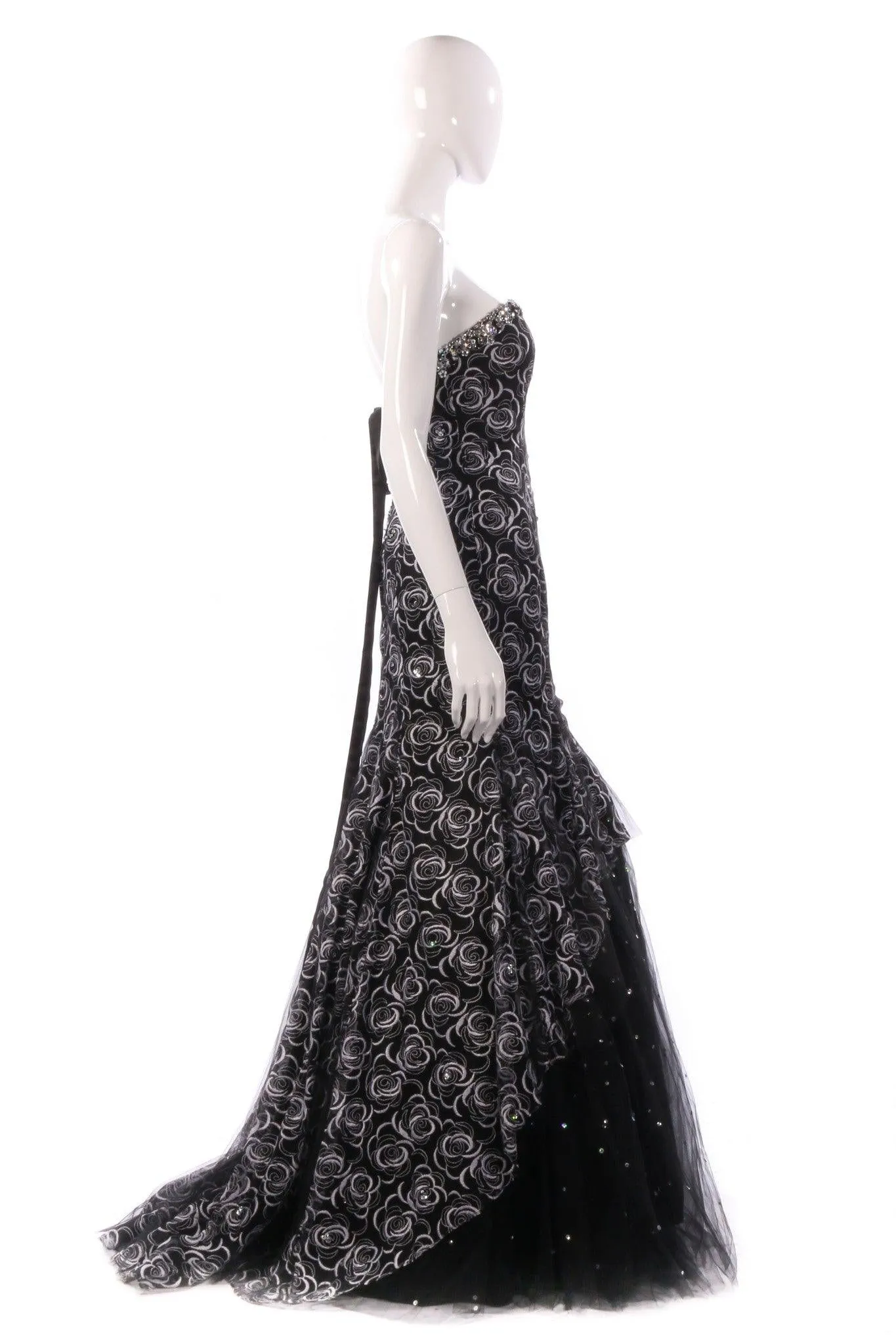 Morilee by Madeline Gardner Prom Evening Dress Strapless Full Skirt Black and Silver UK Size 10